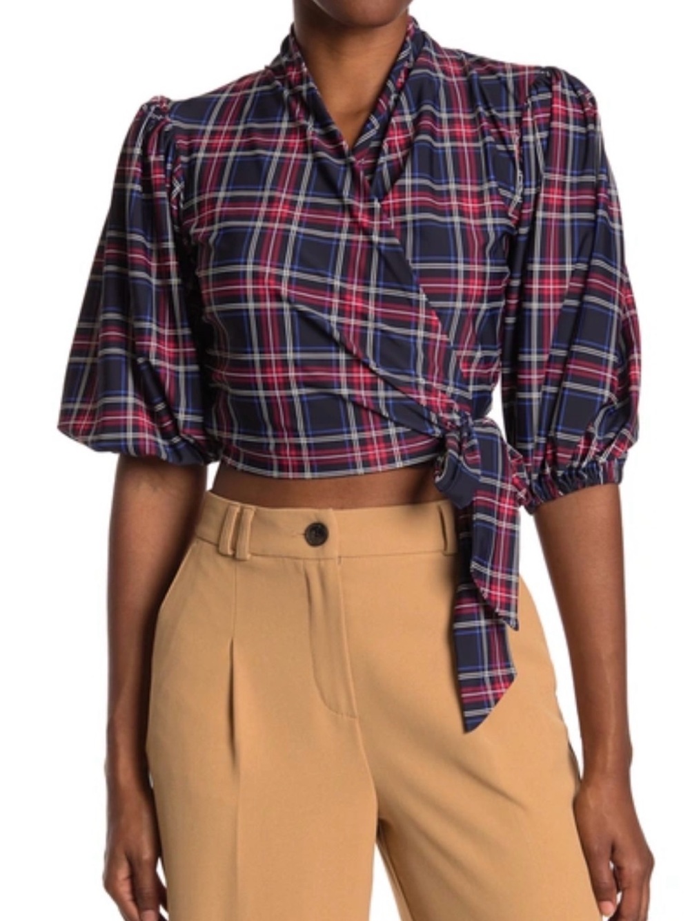 GANNI Plaid Tartan Wrap Blouse Size 42 Large